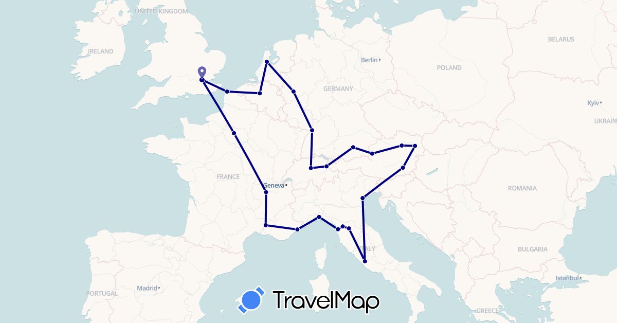 TravelMap itinerary: driving in Austria, Belgium, Switzerland, Germany, France, United Kingdom, Italy, Liechtenstein, Netherlands (Europe)