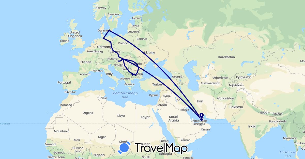 TravelMap itinerary: driving in United Arab Emirates, Bulgaria, Czech Republic, Germany, Denmark, Hungary, Romania, Serbia, Sweden, Slovakia (Asia, Europe)